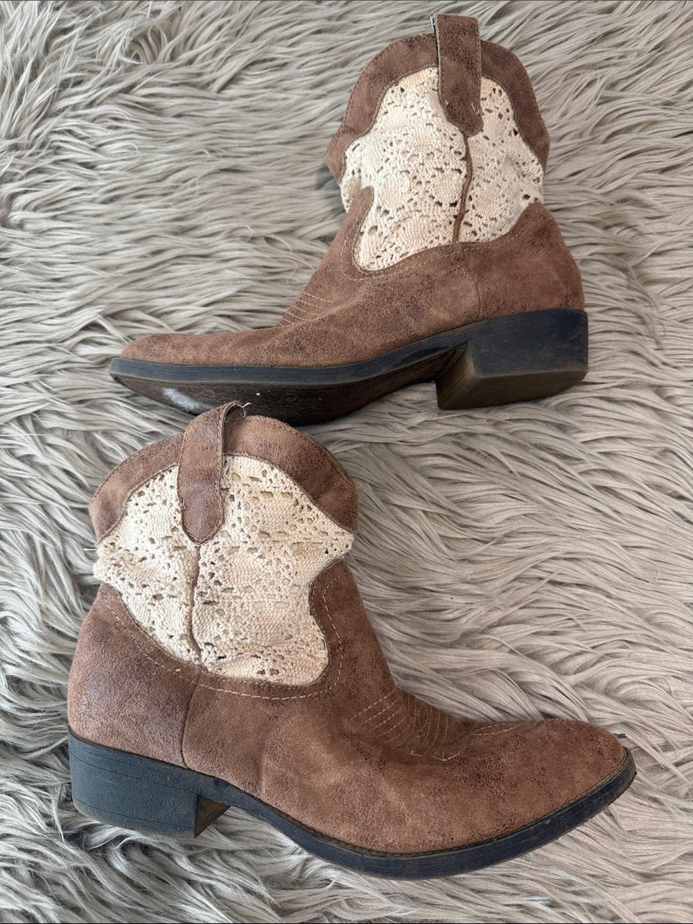 Madden Girl Brown Suede Ankle Booties with Cream Crochet Panels